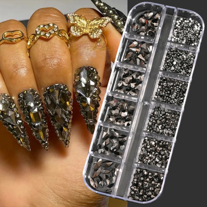 12Grids SS6-SS30 Mixed Nail Rhinestones Shiny Clear/Gold/Pink/Blue Diamond Flat-back Nail Gems Glass Stones Nails Decoration