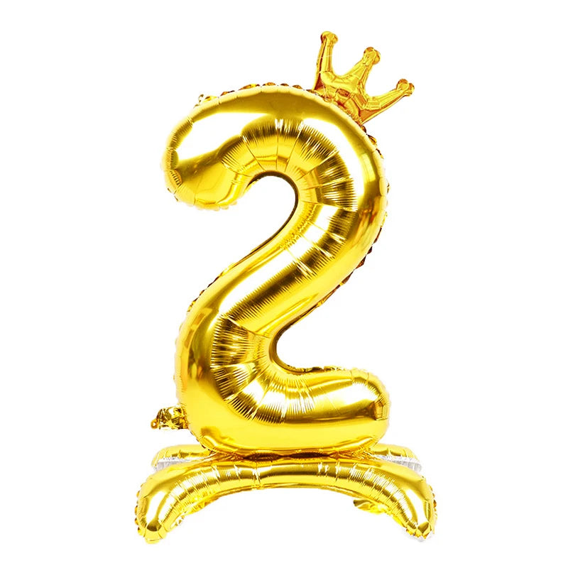 32 Inch Gold Number Stand Foil Balloons with Crown Digital Figures Globos 0-9 Birthday Party