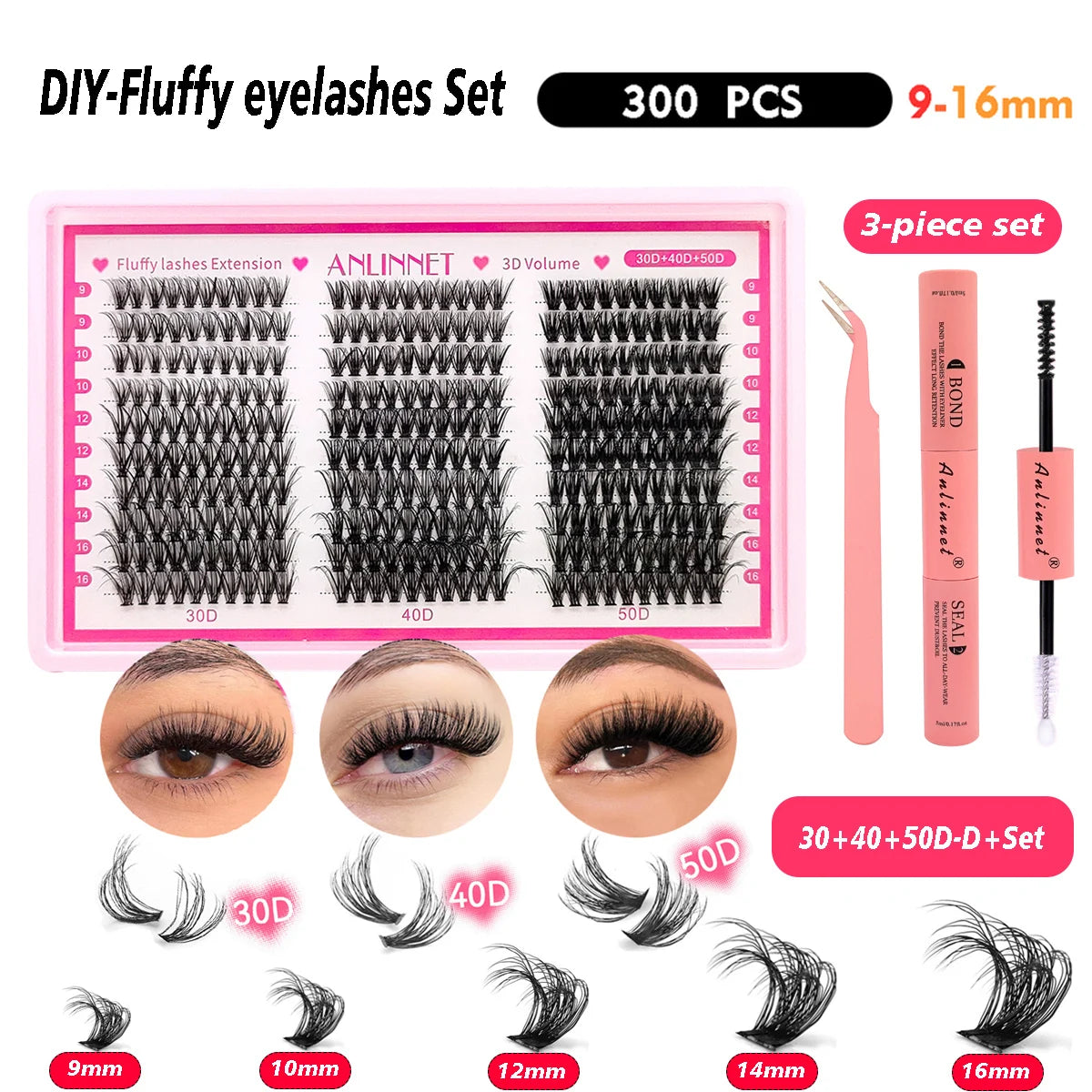 ANLINNET 300 pcs eyelash Cluster Lashes Kit Fluffy Individual Lashes Volume Mixed