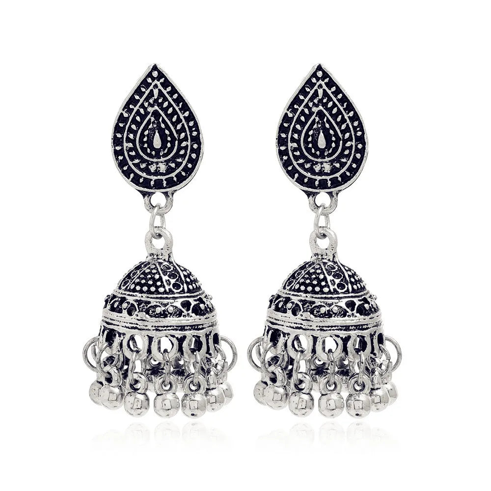 New Fashion Ethnic Style Alloy Retro Carved Beads Tassels Earrings Indian Jhumka