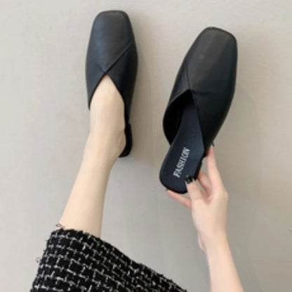 Summer Elegant Square Closed Toe Flat Slippers Female Shoes