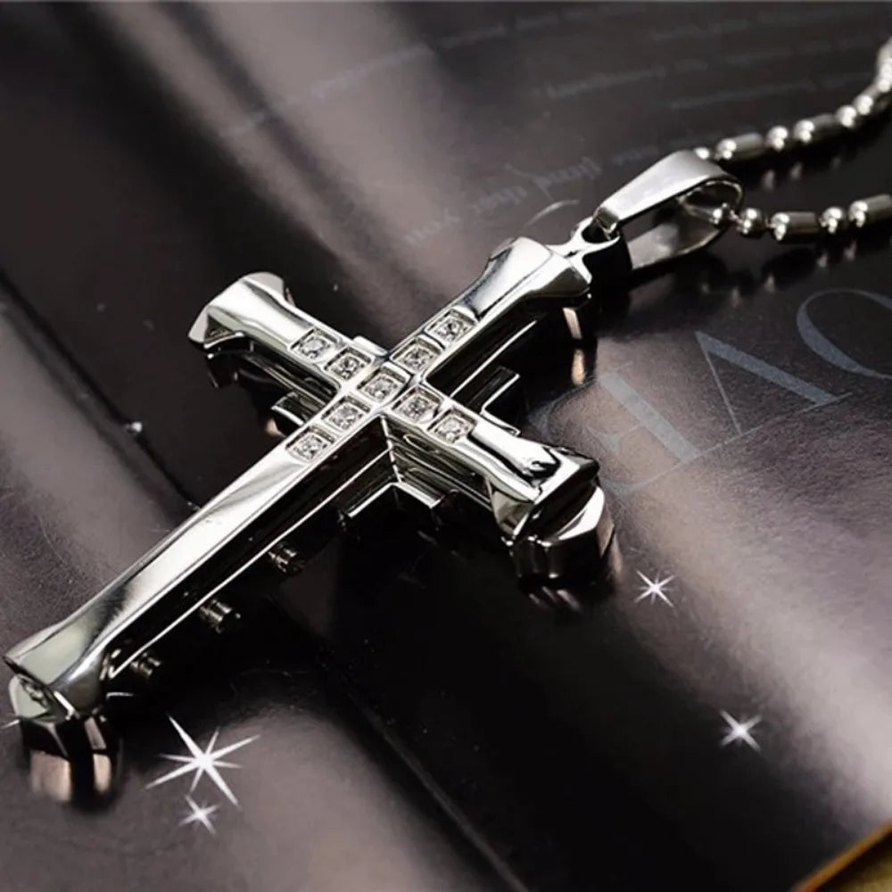 2025 New Male Crystal Cross Jesus Pendant Gold/Black/Blue Color Zirconia Cross Pendant Necklace Stainless Steel Jewelry
