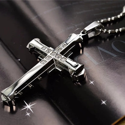 2025 New Male Crystal Cross Jesus Pendant Gold/Black/Blue Color Zirconia Cross Pendant Necklace Stainless Steel Jewelry