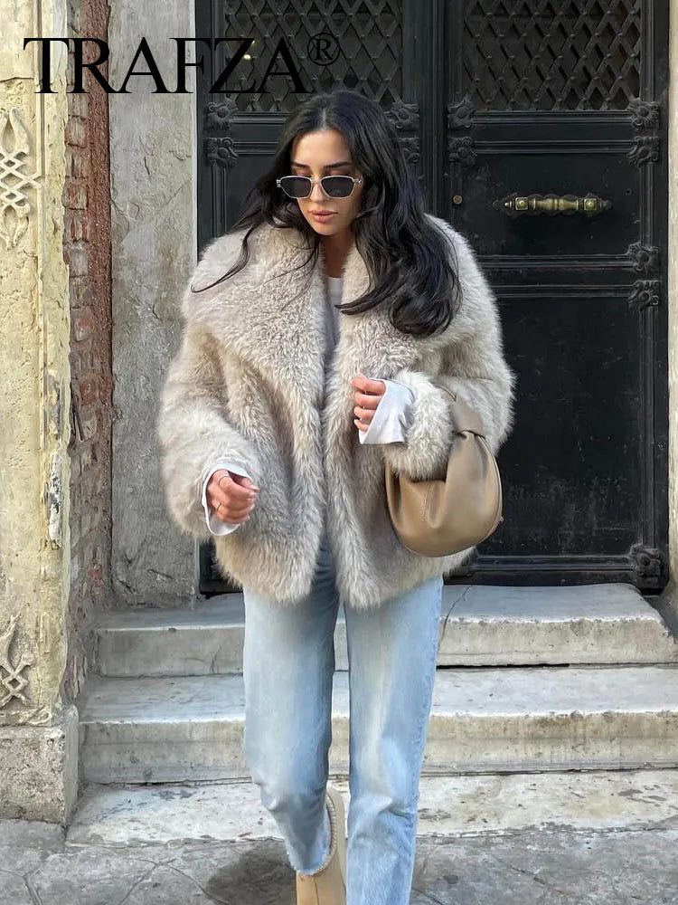 Women Fashion Cropped Faux Fur Jacket Coat Long Sleeve