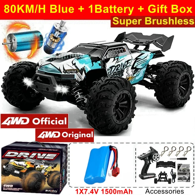 1:16 80km/h Brushless RC Drift Car With LED Lights 4WD Electric High Speed Racing Remote Control Monster Truck for Kids Adults