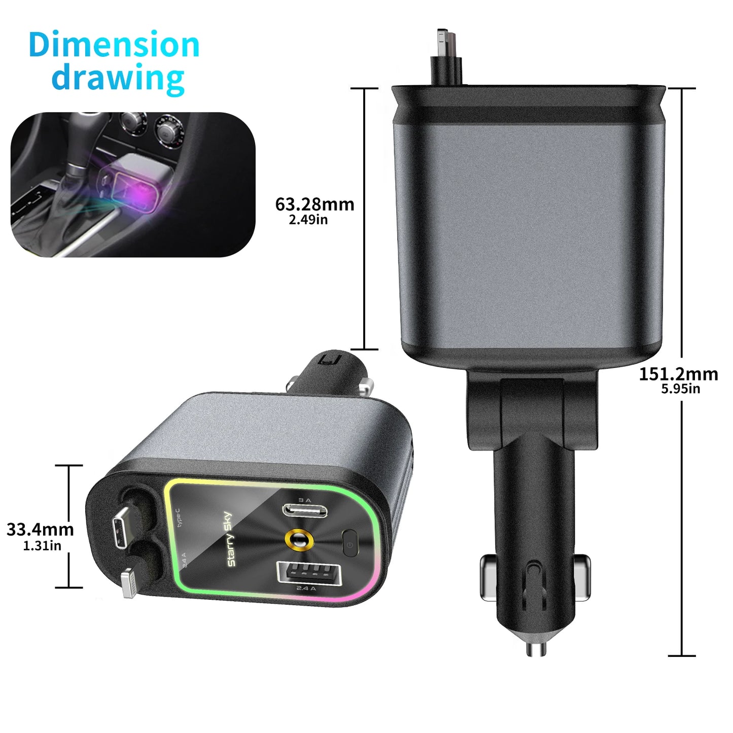4-in-1 PD30W Car Fast Charger USB Type-C Power Adapter Retractable Phone Charger With Roof Starlight For IOS Android Phones