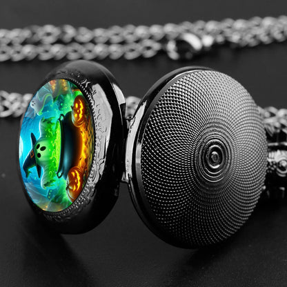 Halloween Mysterious Witch Glass Dome Black Quartz Pocket Watch with Arabic Numerals Dial and Durable Chain Gift for Men Women