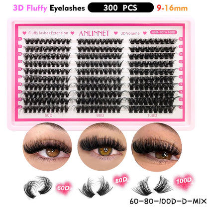 ANLINNET 300 pcs eyelash Cluster Lashes Kit Fluffy Individual Lashes Volume Mixed