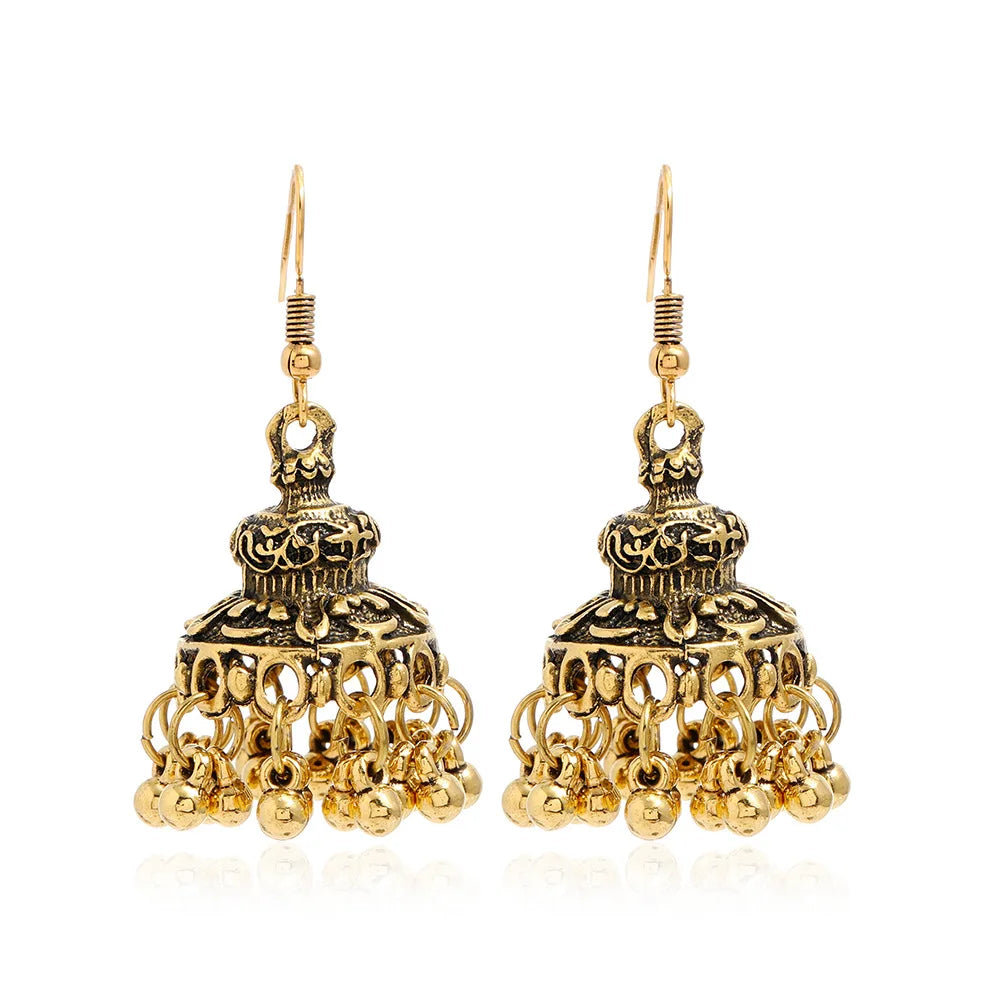 New Fashion Ethnic Style Alloy Retro Carved Beads Tassels Earrings Indian Jhumka