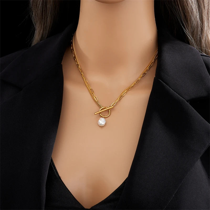 Stainless Steel OT Clasp Large Pearl Pendant Necklace For Women