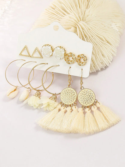 Trendy Versatile Golden Circle Fashionable White Tassel Shell Earrings&Earstuds Combination For Women