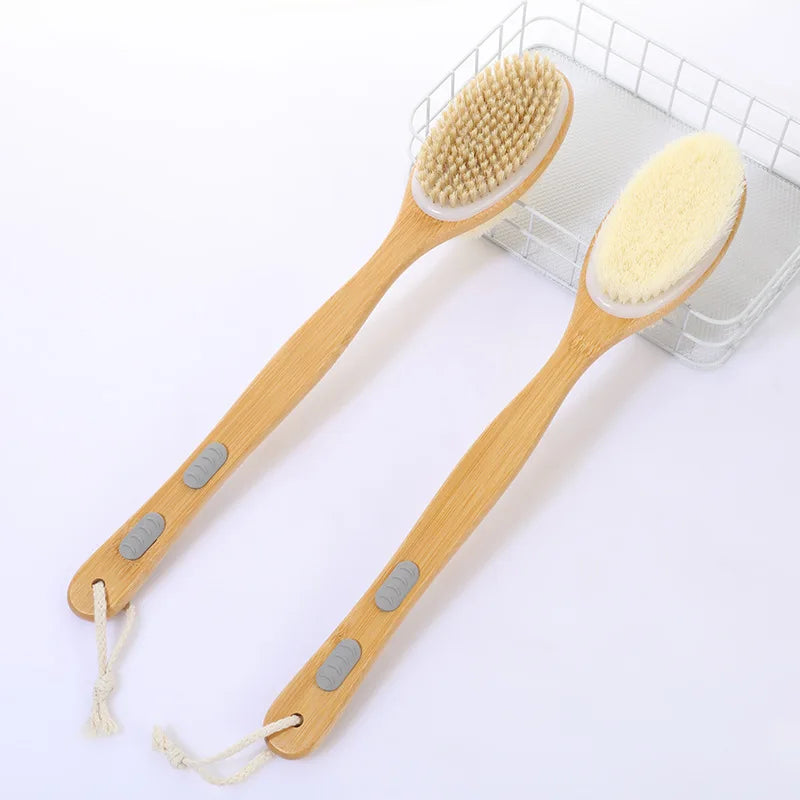 Shower brush with soft and hard bristles, double sided long handle, back scrub body exfoliator