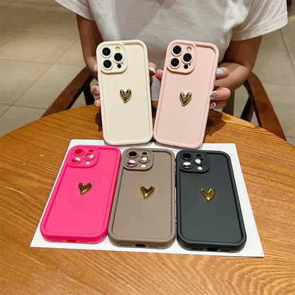 3D Gold Heart Silicone Soft Phone Case For iPhone 15 14 13 12 11 16 Pro Max XS XR 7 8 Plus SE 2020 Shockproof Candy Matte Cover