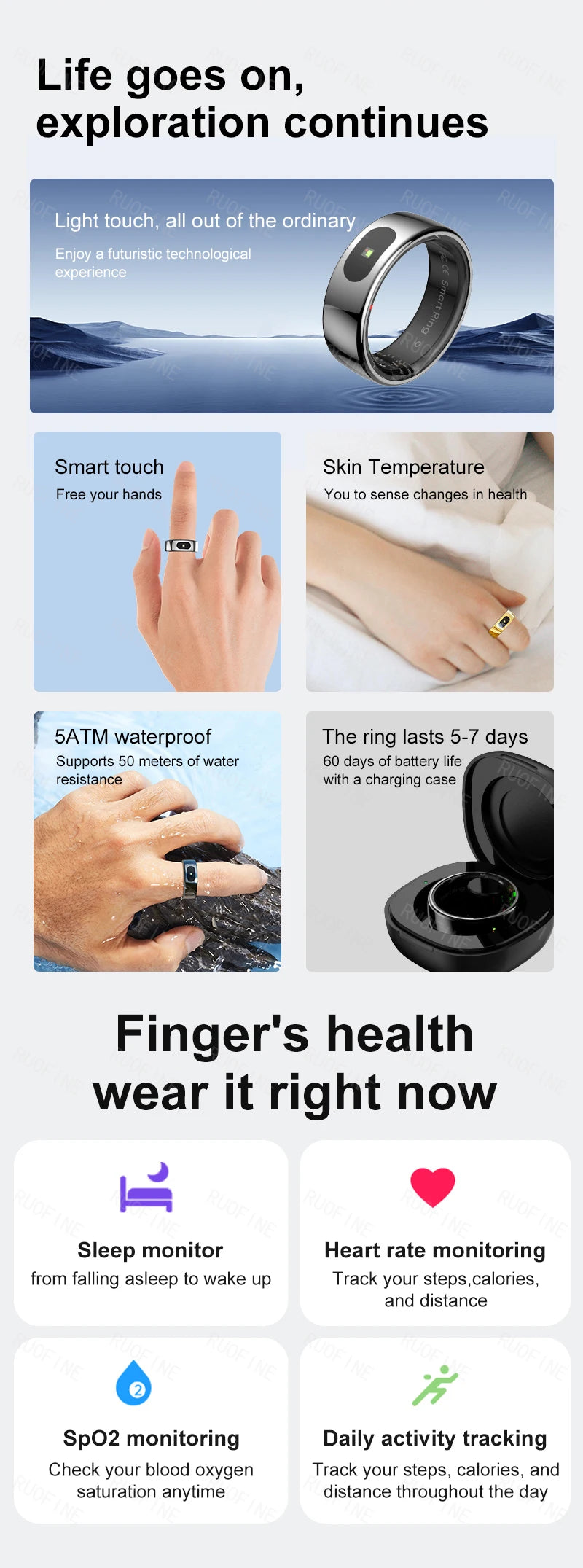 AI Smart Ring - Electronic Temperature, Sleep, Swimming, Blood & Pressure Monitor - Android IOS