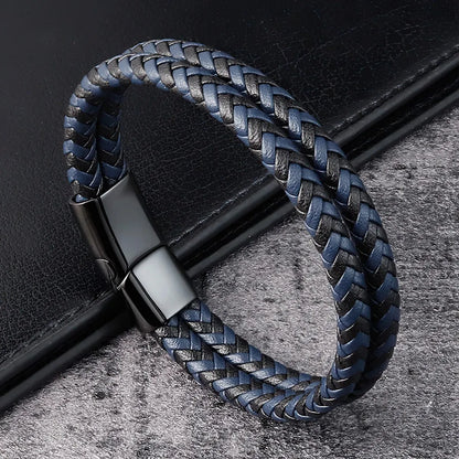 Men Black Blue Braided Genuine Leather Bracelet Double Band Bangle