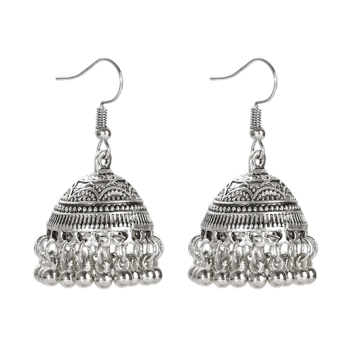 Indian Women's Silver Color Beads Tassel Jhumka Earrings