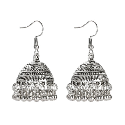 Indian Women's Silver Color Beads Tassel Jhumka Earrings