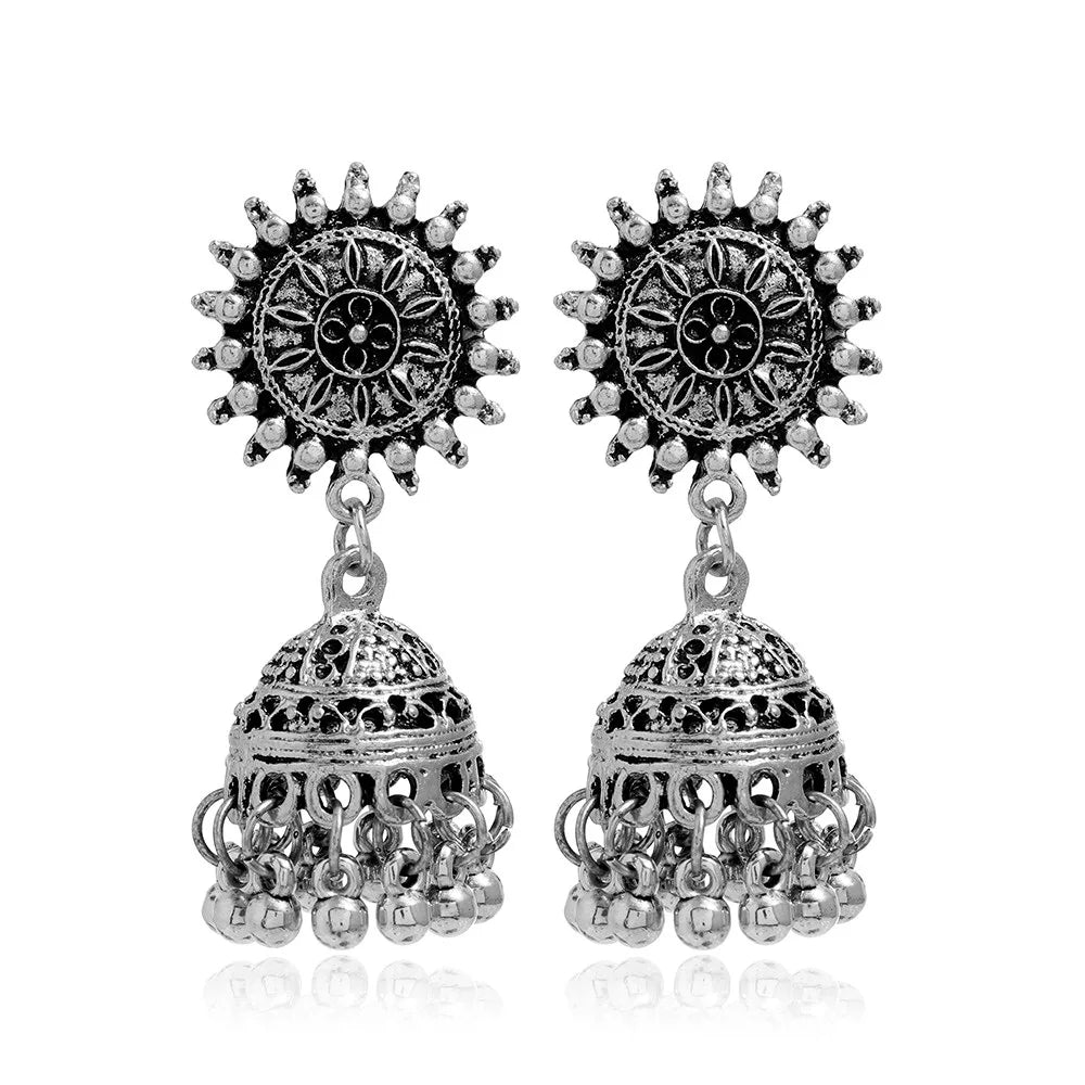 New Fashion Ethnic Style Alloy Retro Carved Beads Tassels Earrings Indian Jhumka