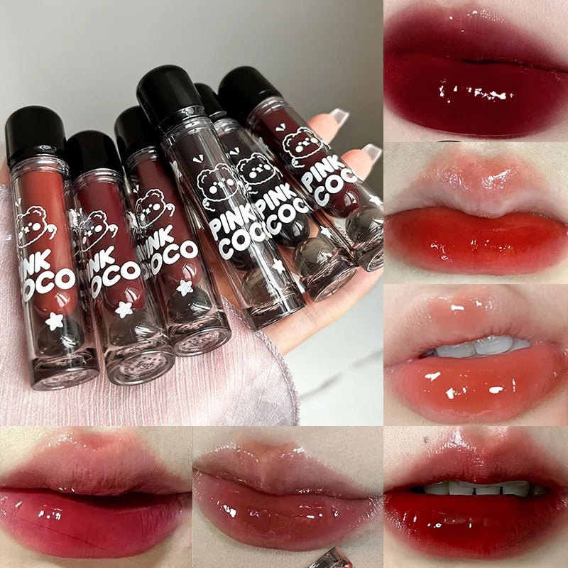 PINKCOCO Bear Doodle Mirror Lip Glaze — Long-Lasting Shiny Lip Gloss