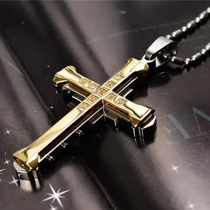 2025 New Male Crystal Cross Jesus Pendant Gold/Black/Blue Color Zirconia Cross Pendant Necklace Stainless Steel Jewelry