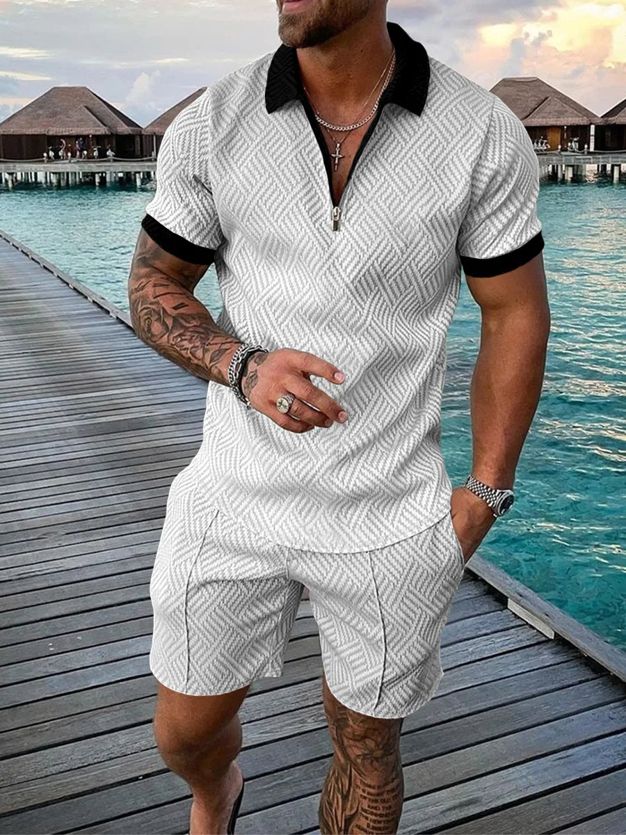 2022 New Summer Men's Shorts Set Short Sleeve Zip Polo Shirt Street