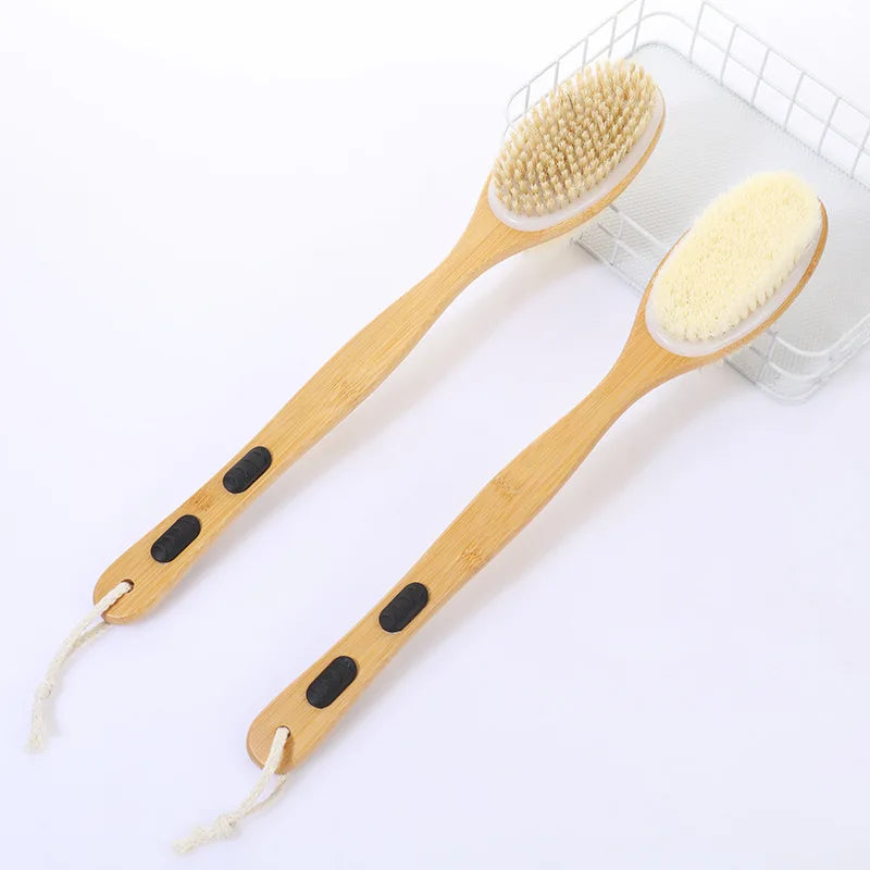 Shower brush with soft and hard bristles, double sided long handle, back scrub body exfoliator