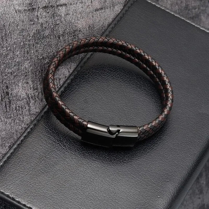 Men Black Blue Braided Genuine Leather Bracelet Double Band Bangle