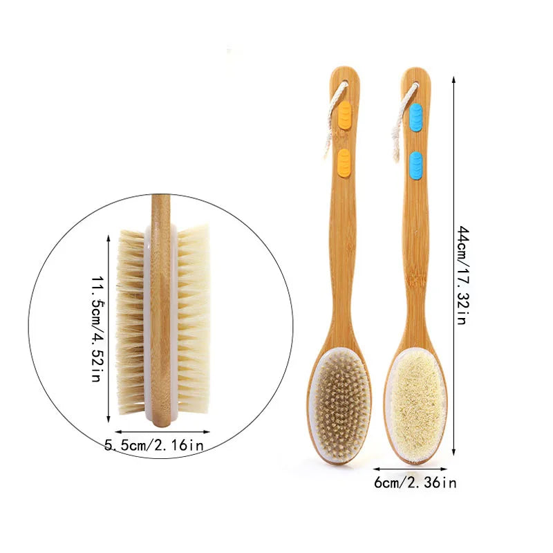 Shower brush with soft and hard bristles, double sided long handle, back scrub body exfoliator