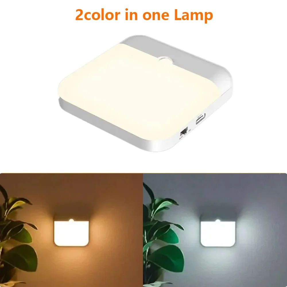 Night Light LED Motion Sensor Light USB TYPE C Charging Square Lamp for Bedroom Kitchen Stair Hallway Wardrobe Cupboard Lighting