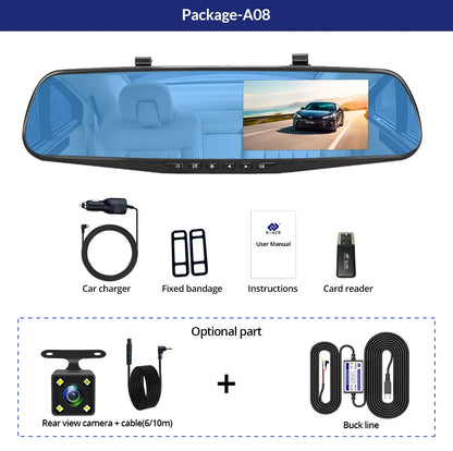 Dashcam 4.3 Inch Mirror FHD 1080P Camera Dual Lens