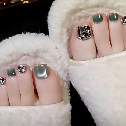 24pcs Fake Toenails French Full Cover Cat Eye Short Square Toe Nails Foot Nails Tips for Women Girl Sparkling Powder Fake Nails