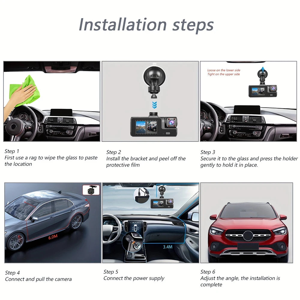 3Camera Dash Cam For Car Camera 1080P Video Recorder