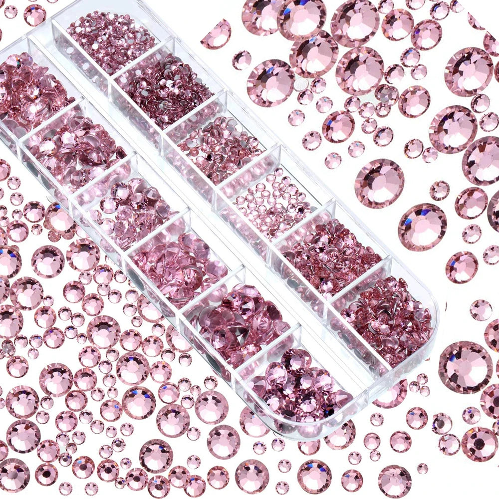 12Grids SS6-SS30 Mixed Nail Rhinestones Shiny Clear/Gold/Pink/Blue Diamond Flat-back Nail Gems Glass Stones Nails Decoration