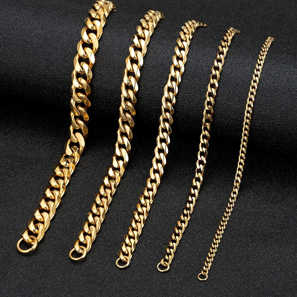 3-11mm Locomotive Men Punk Rock Stainless Steel Curb Cuban Link Chain Silver Color Bracelet For Women Biker Jewelry