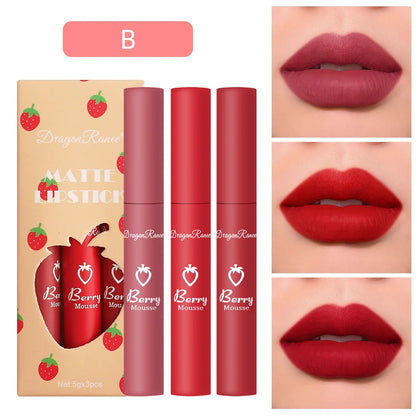 3 pcs Strawberry Lip Glaze Set Velvet Matte Liquid Lipstick Lipstick Non stick Cup