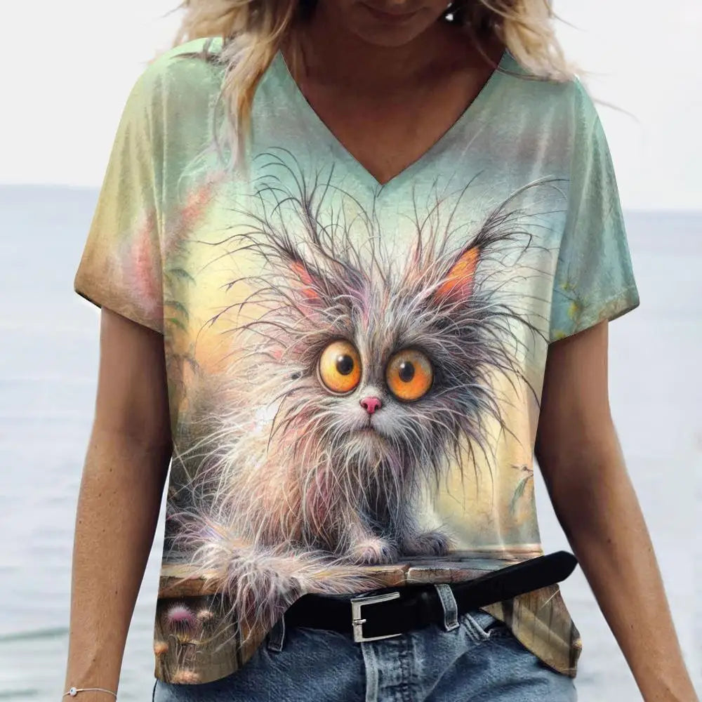 Summer Women's T Shirt Cat Print Casual Short Sleeve 3d T-Shirts