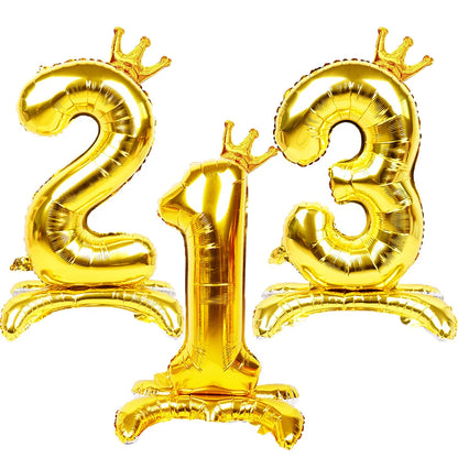 32 Inch Gold Number Stand Foil Balloons with Crown Digital Figures Globos 0-9 Birthday Party