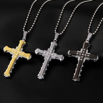 2025 New Male Crystal Cross Jesus Pendant Gold/Black/Blue Color Zirconia Cross Pendant Necklace Stainless Steel Jewelry