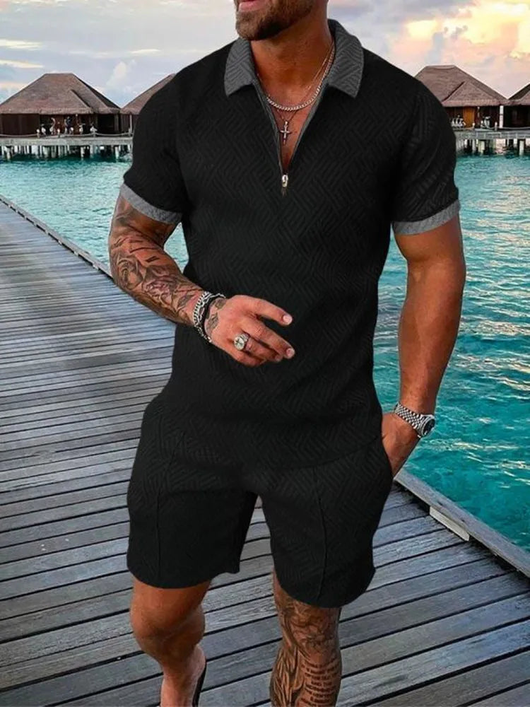 2022 New Summer Men's Shorts Set Short Sleeve Zip Polo Shirt Street