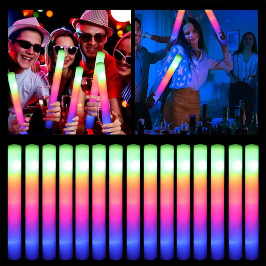 15/30Pcs LED Glow Sticks Bulk Colorful RGB Glow Foam Stick Cheer Tube Dark Light