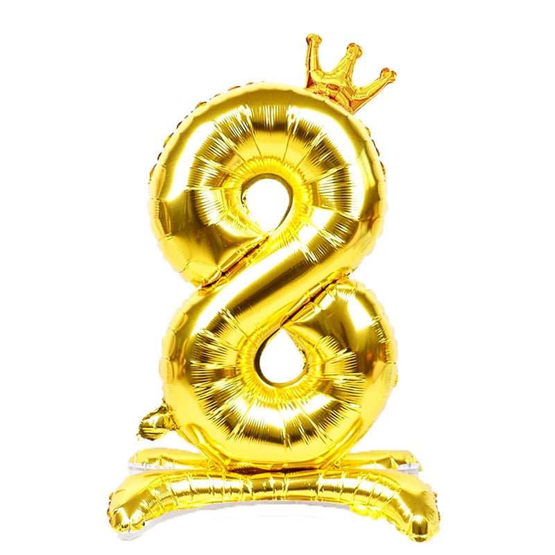 32 Inch Gold Number Stand Foil Balloons with Crown Digital Figures Globos 0-9 Birthday Party