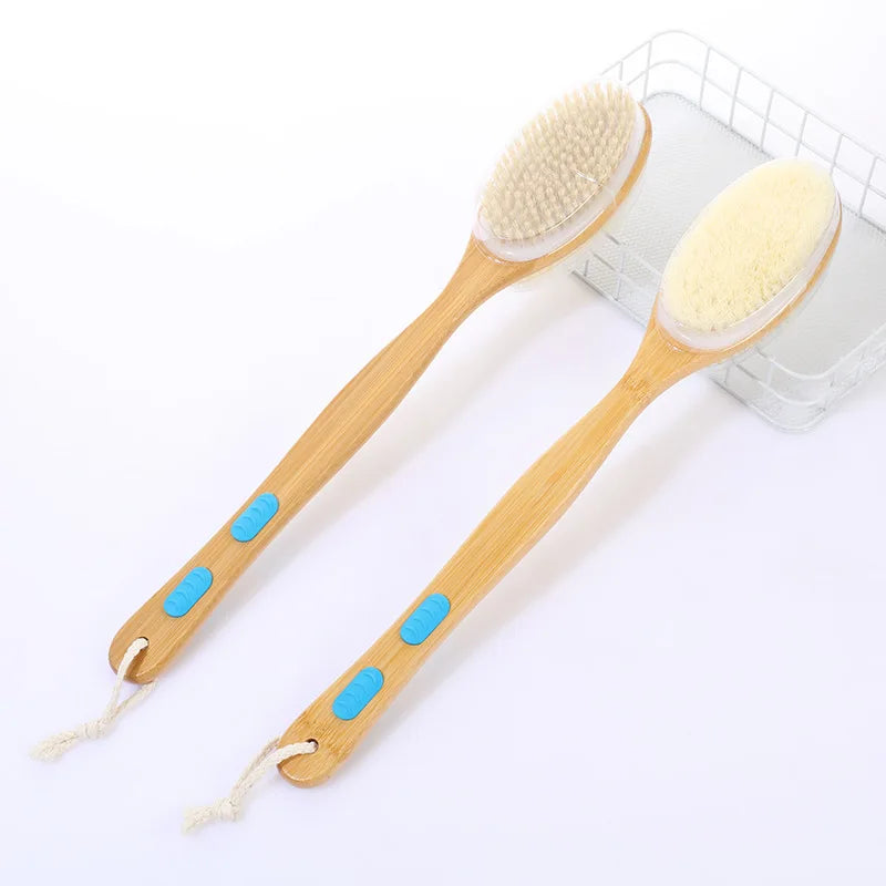 Shower brush with soft and hard bristles, double sided long handle, back scrub body exfoliator