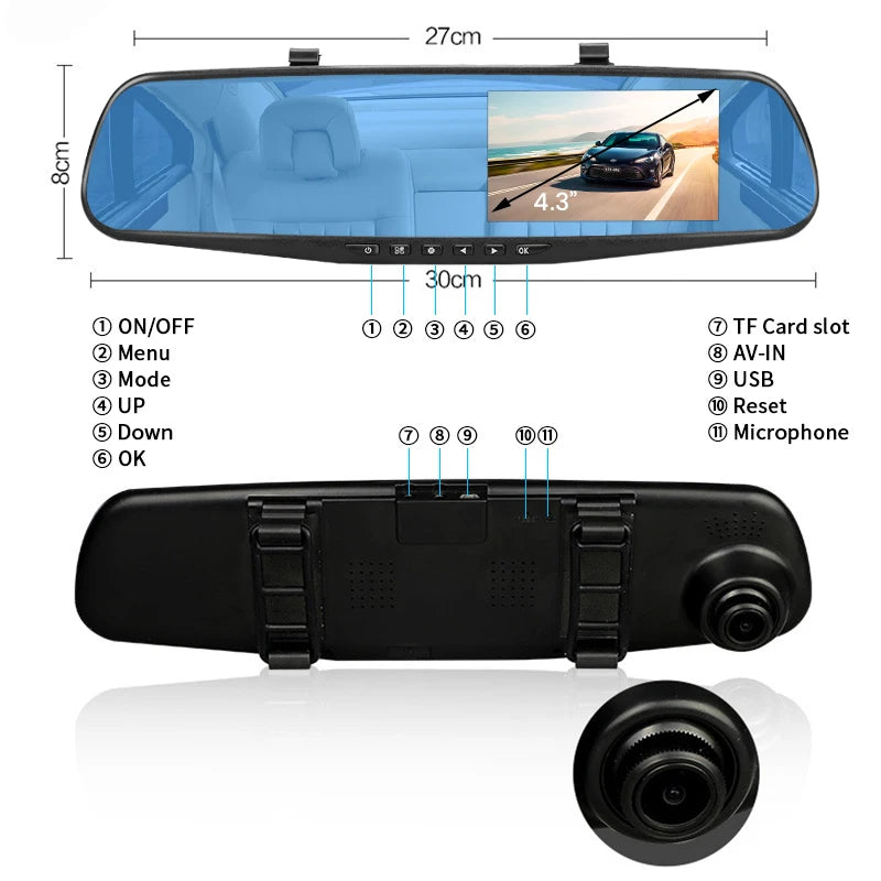 Dashcam 4.3 Inch Mirror FHD 1080P Camera Dual Lens