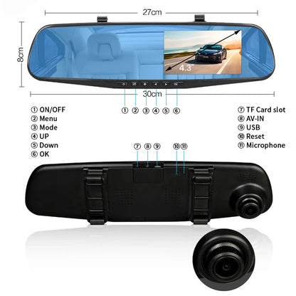 Dashcam 4.3 Inch Mirror FHD 1080P Camera Dual Lens