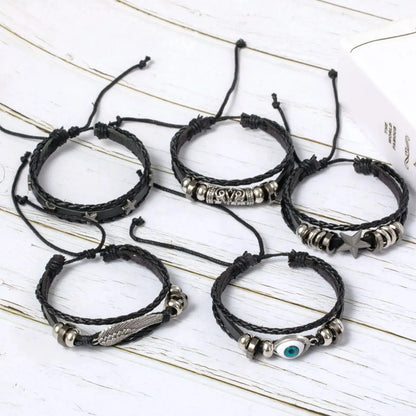 5pcs Evil Eye Wing Star Diy Braided Punk Style Bracelet Set, Featuring Pu Leather And Beads