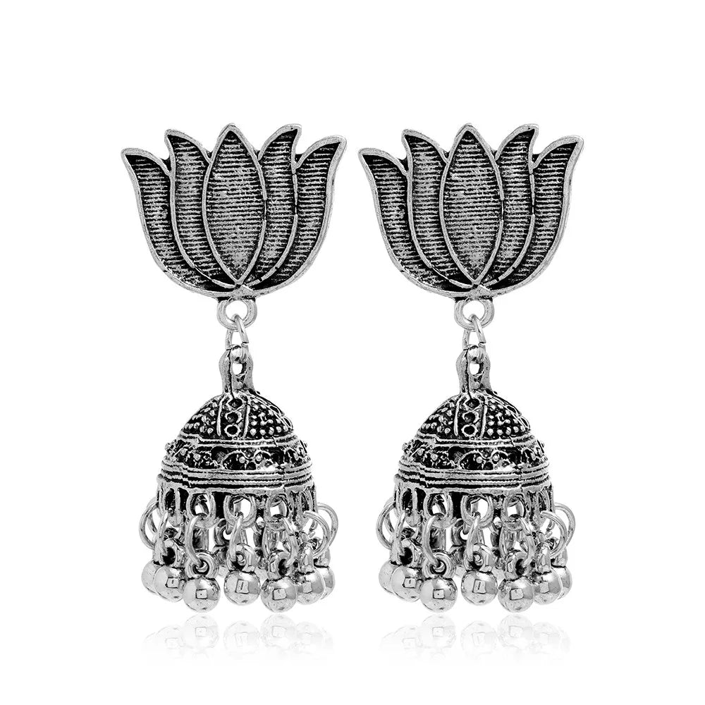 New Fashion Ethnic Style Alloy Retro Carved Beads Tassels Earrings Indian Jhumka