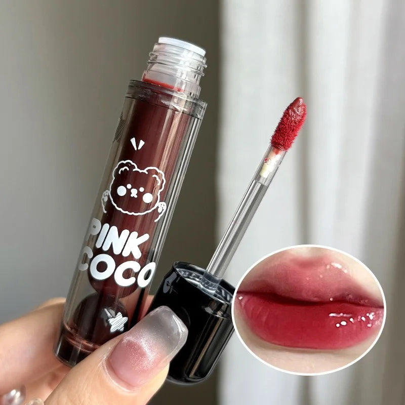 PINKCOCO Bear Doodle Mirror Lip Glaze — Long-Lasting Shiny Lip Gloss