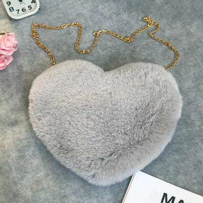 Heart Shaped Fluffy Shoulder Bag Fashion Chain Crossbody Bag