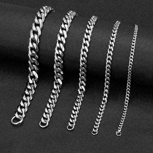 3-11mm Locomotive Men Punk Rock Stainless Steel Curb Cuban Link Chain Silver Color Bracelet For Women Biker Jewelry