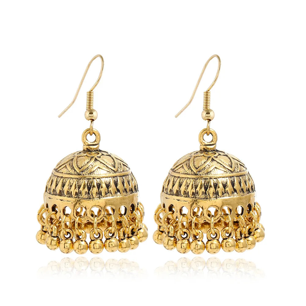 New Fashion Ethnic Style Alloy Retro Carved Beads Tassels Earrings Indian Jhumka